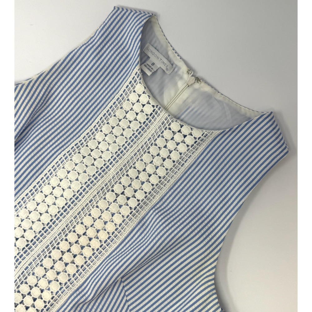 London Times Blue White Striped Crochet Lace Shift Dress Size 8 Sleeveless